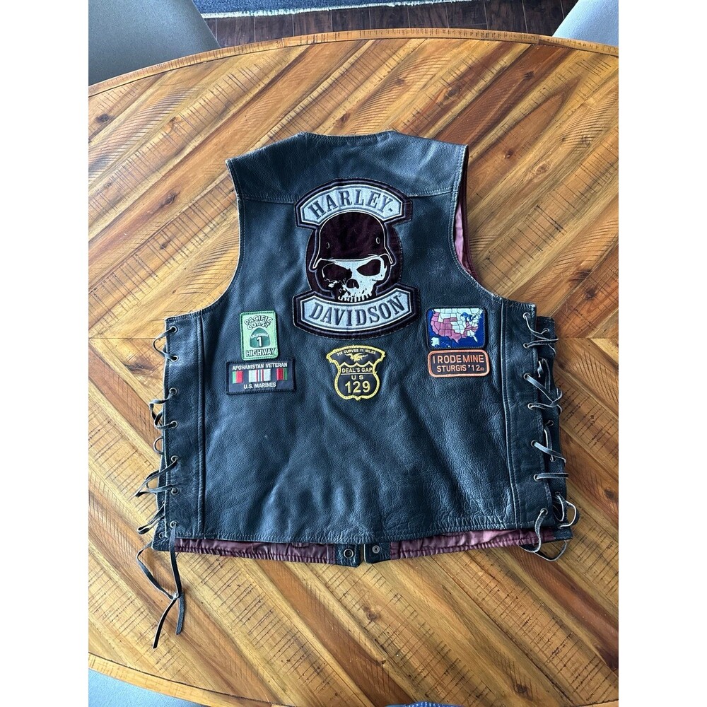 Pokerun Black Leather Motorcycle Biker Vest Lace Side Harley Patches Men’s L